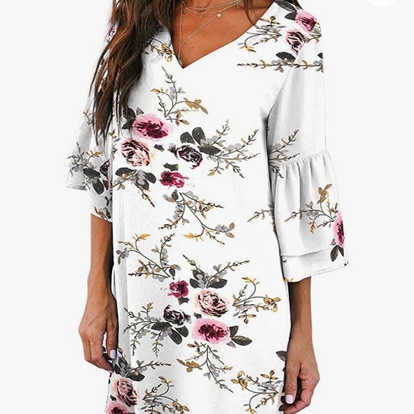 Belongsci White Floral Vneck Bell Sleeve Shift Dress - Picture 9 of 9